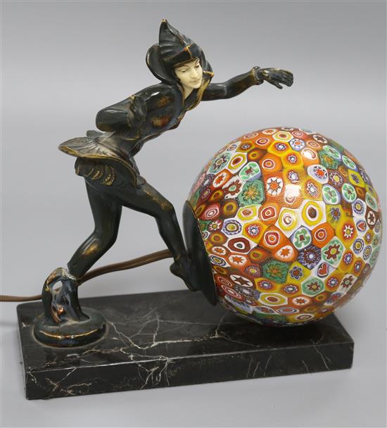 An Art Deco style metal dancer with millefiori shade height 21cm